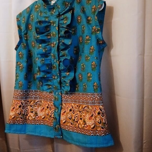 Nwt Tuxedo Ruffle Front Blouse Top M Blue Rust floral Button Up Tank Mandarin - Picture 7 of 10